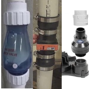 Pictured are the 3 check valve tupes: quiet spring controlle, traditional flapper and inline screw inot pump prot type check valvevs. 